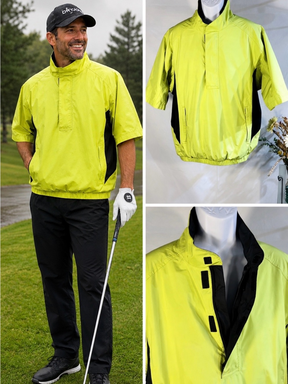 💥DryJoys by FootJoy Golf Jacket Lime Black Short Sleeve 1/4 Zip Sz L🧡
